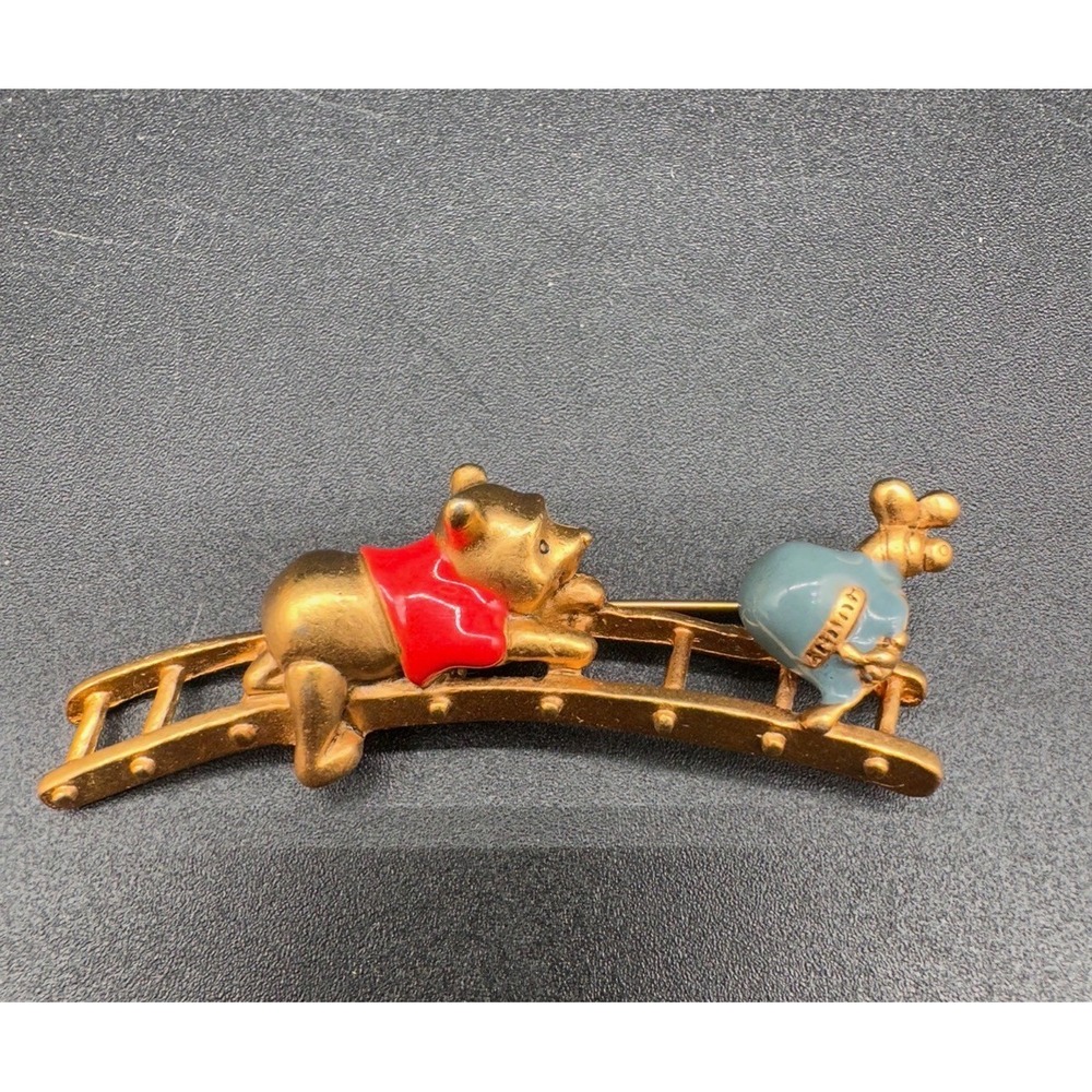 Disney Winnie the Pooh Brooch Gold Tone Enamel Piglet Ladder Vintage Lapel Pin